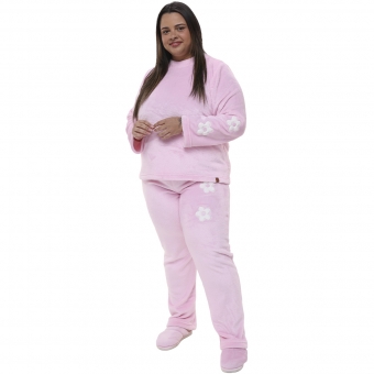 Pijama Inverno Fleece Peluciado com Bordado de Flores - PLUS