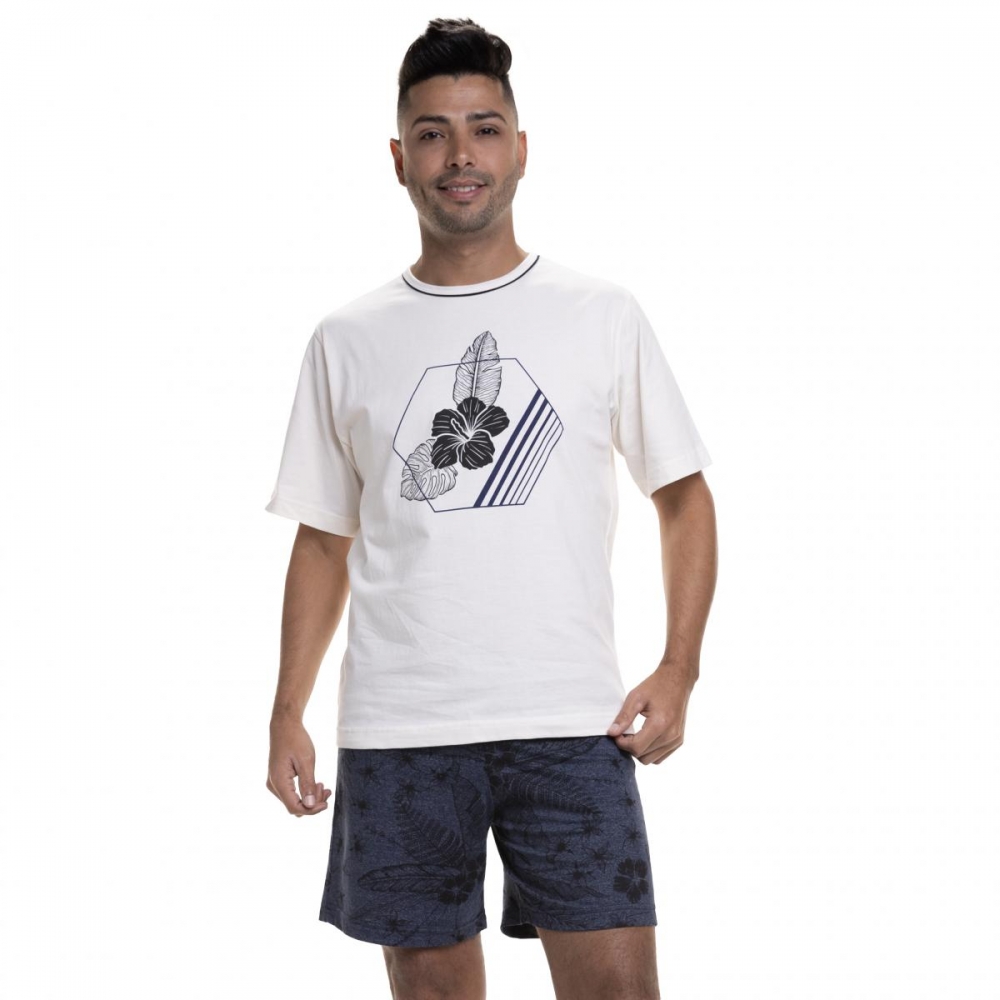 Pijama de Manga em Malha Masculino Floral - Marinho