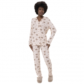 Pijama Aberto com Botões Feminino Longo Viscolycra Ursinho