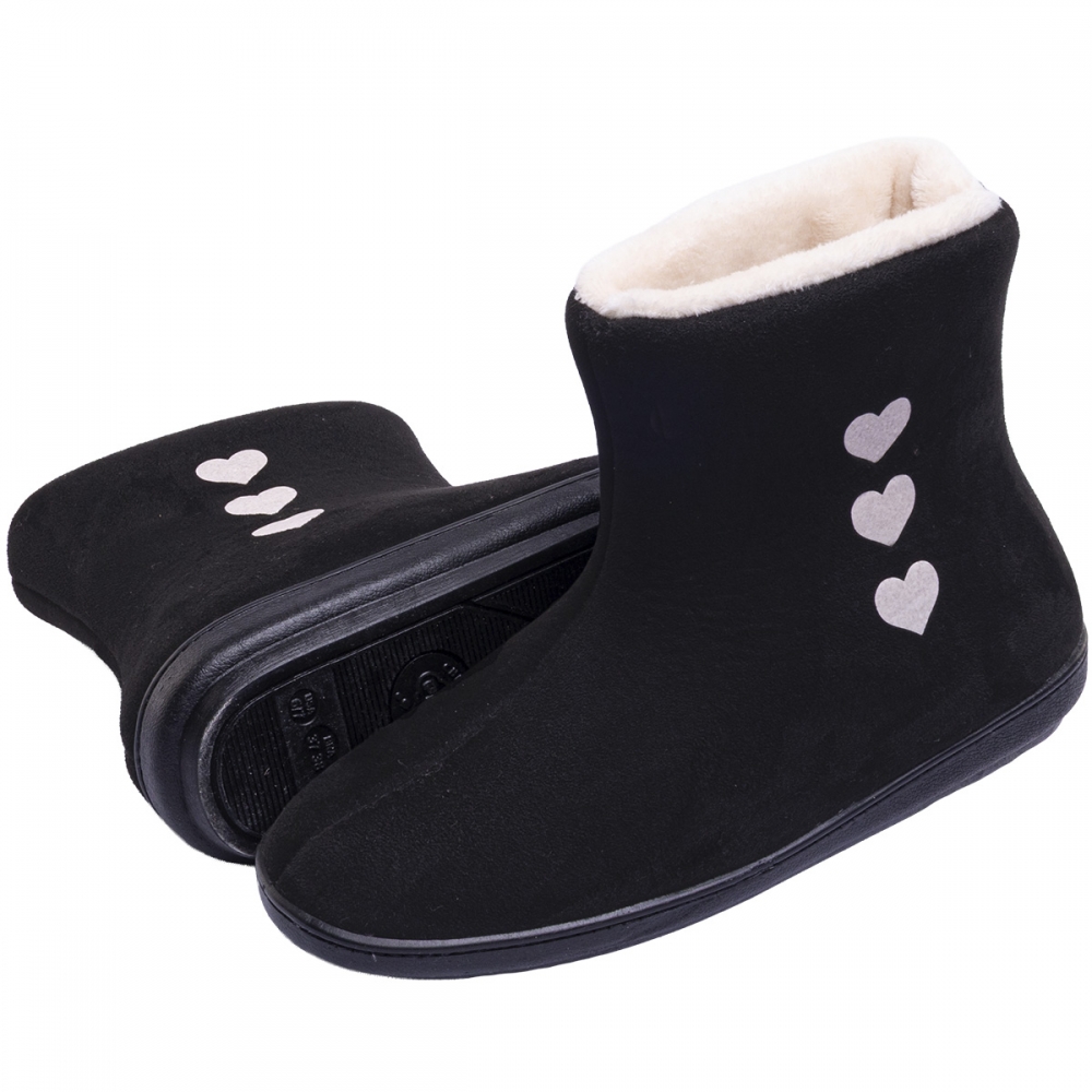 Bota Cano Longo Malha Aveludada Coração Inverno - Preto