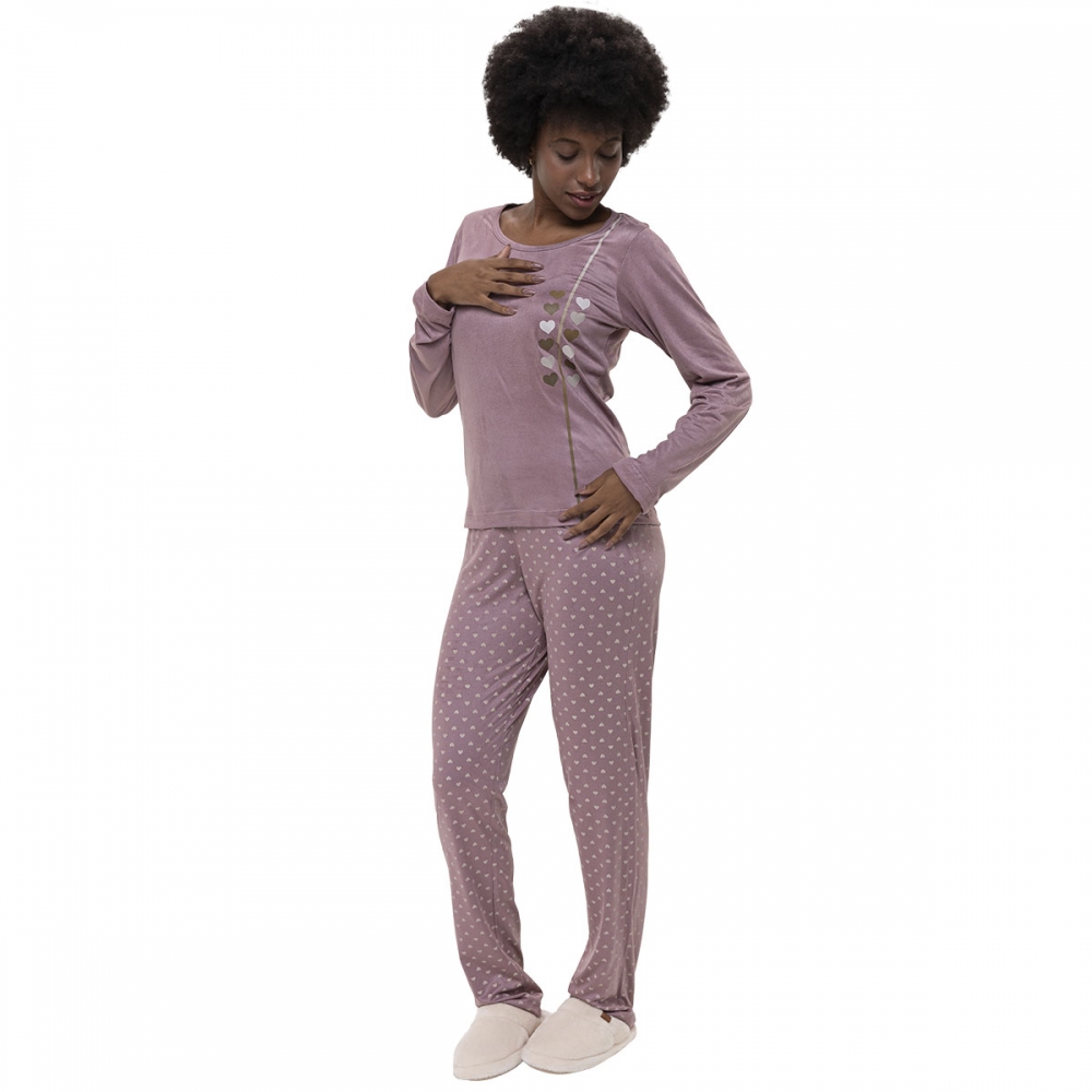 Conjunto Pijama Inverno Feminino Malha Aveludada Coração - Amora