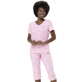 Conjunto Pijama Capri Floral Feminino Visco Manga Curta