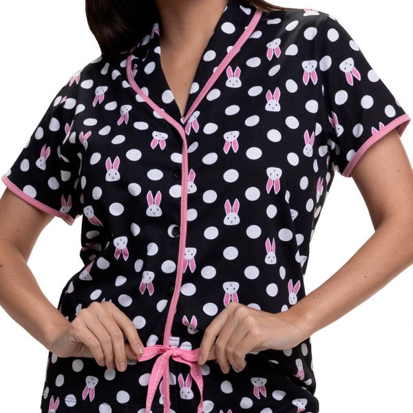 Short Doll de Manga em Malha 100% Algodão Coelhos - Preto