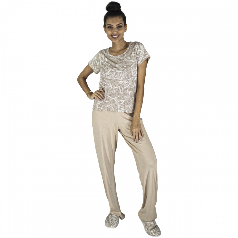 Pijama Manga Curta em Viscolycra Estampada - Bege
