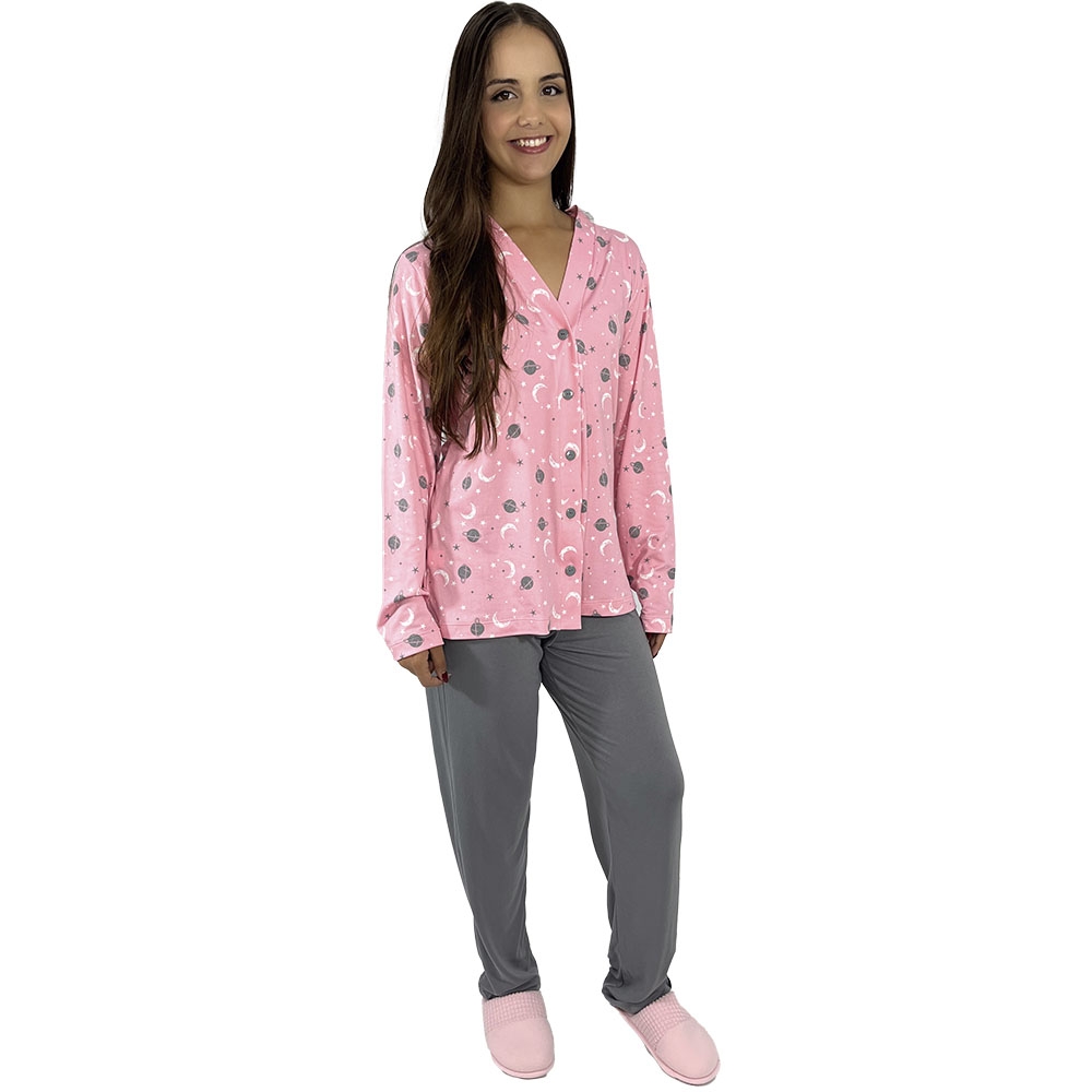 Pijama Puff Modal Winter Elastano Aberto - Rosa