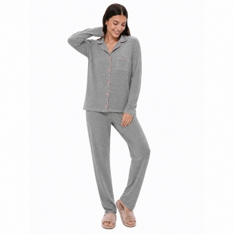 Pijama Feminino Soft Touch Listras Abotoado