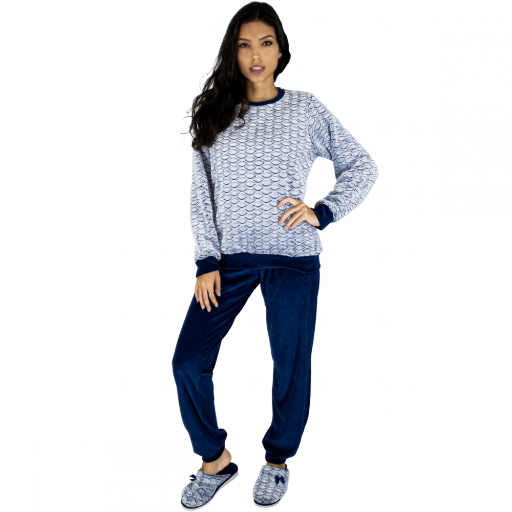 Pijama em Plush com Pelúcia Trabalhada - Marinho