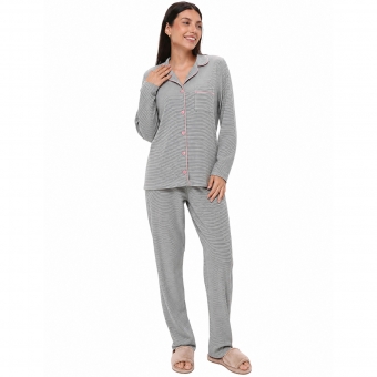 Pijama Feminino Soft Touch Listras Abotoado