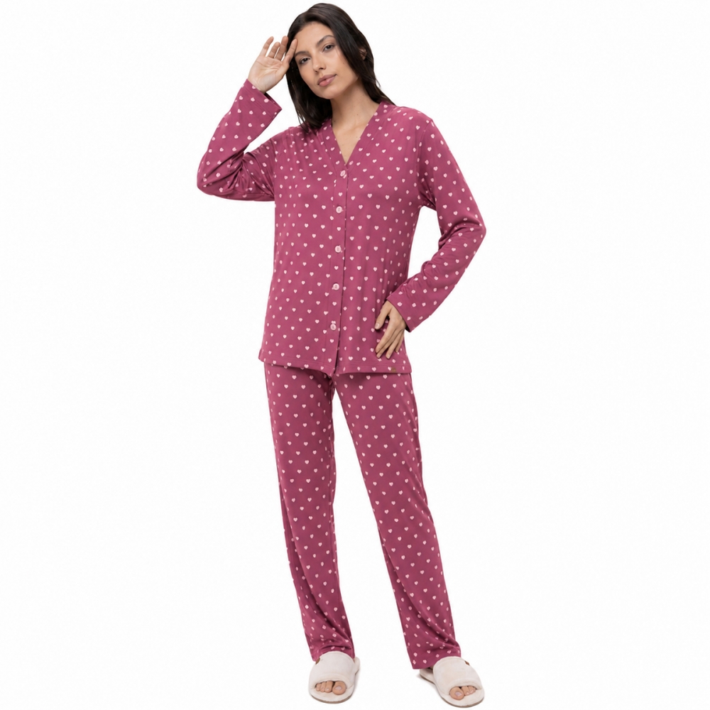 Pijama Cozy Hearts Abotoado - Chiclete