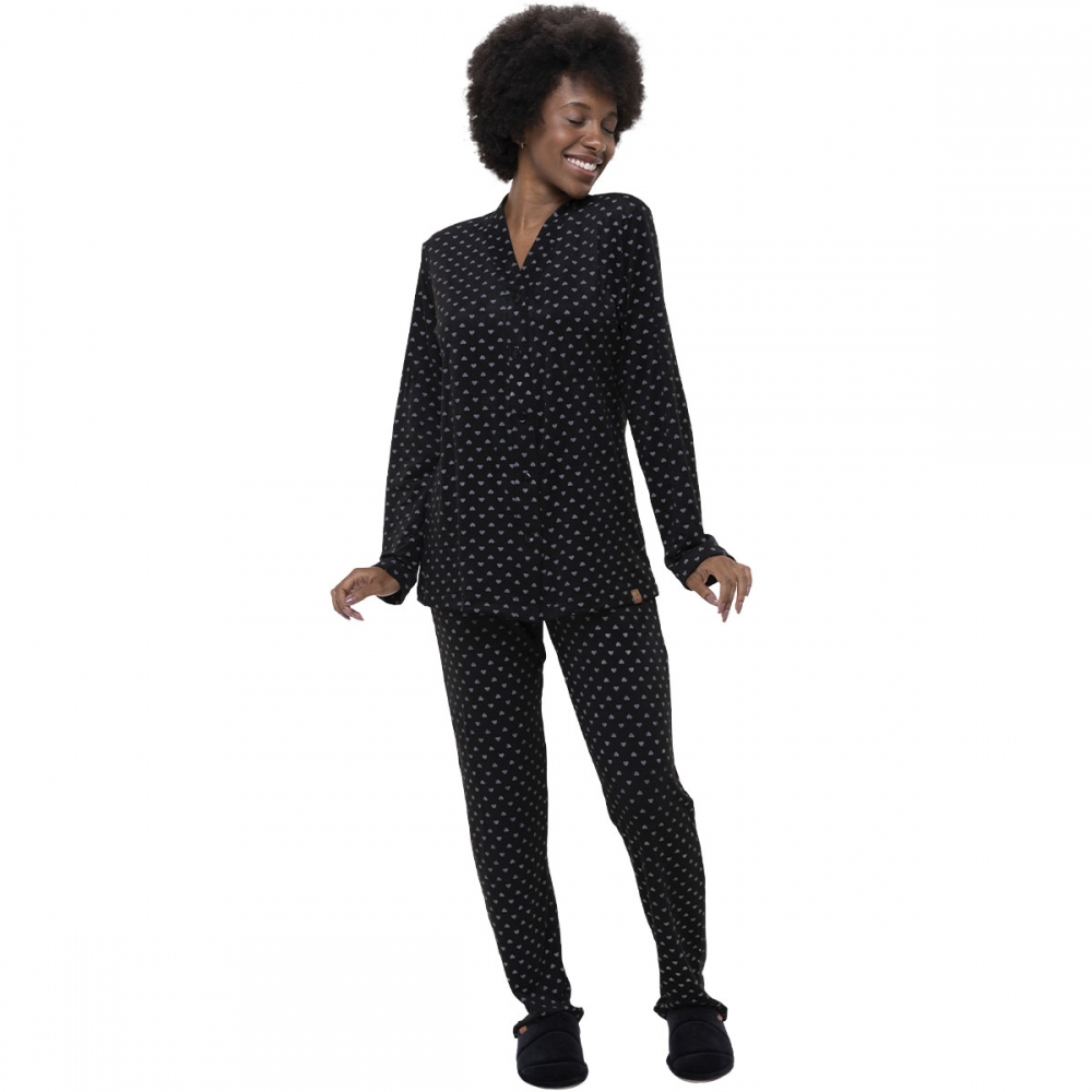 Pijama Feminino Inverno Malha Aveludada Abotoado Corações - Preto
