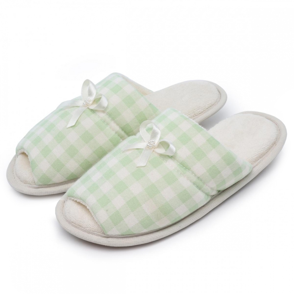 Pantufa Flexível Infantil em Atoalhado e Viscolycra Xadrez com Laço - Verde