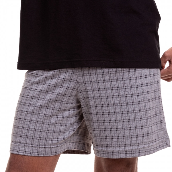 Pijama de Manga em Malha 100% Algodão Montanha com Jacquard Xadrez - Preto