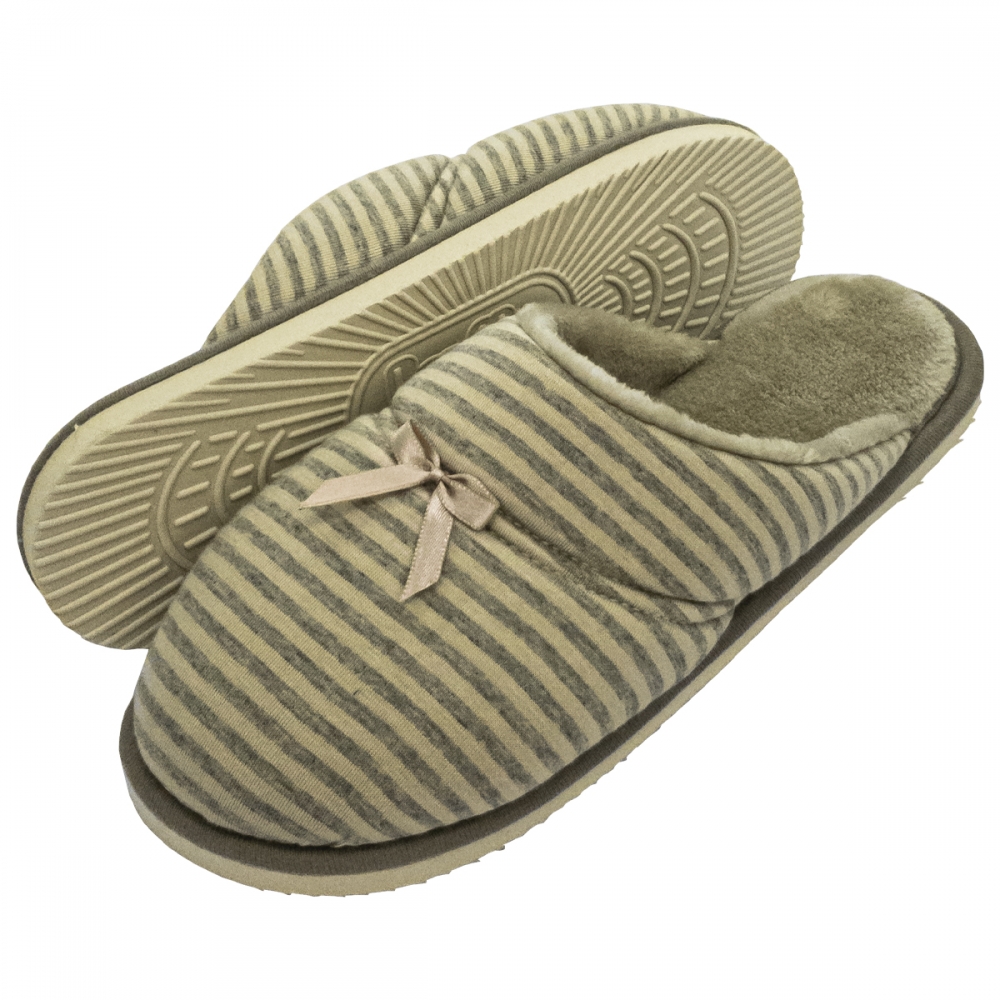 Pantufa Sola Plana em Viscolycra Listrada com Pelúcia - Bege