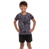 Pijama Masculino Infantil em Malha Floral - Chumbo