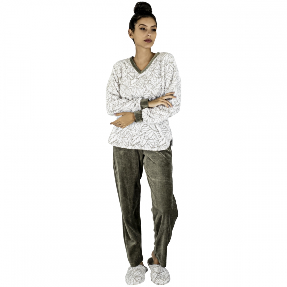 Pijama Gola V em Plush com Pelúcia Detalhada