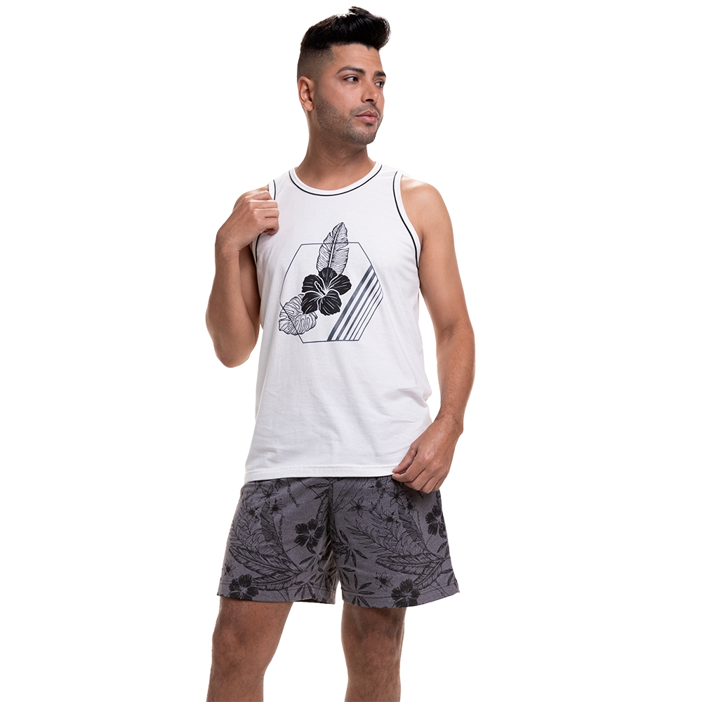 Pijama de Malha 100% Algodão Regata Floral - Chumbo