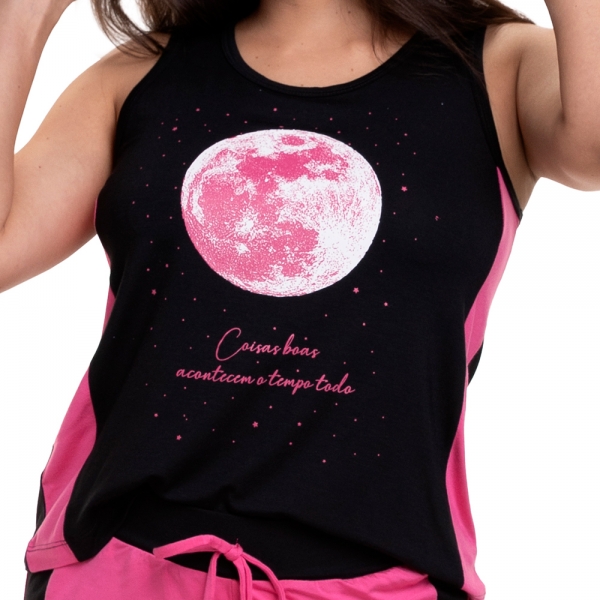 Short Doll Viscolycra Lisa com Estampa Localizada - Preto