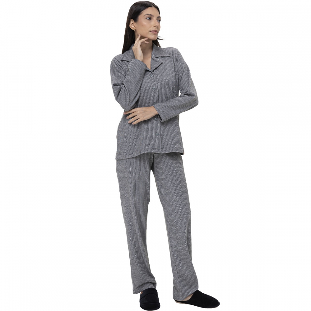 Pijama Feminino de Inverno Australiano Listrado Abotoado - Única