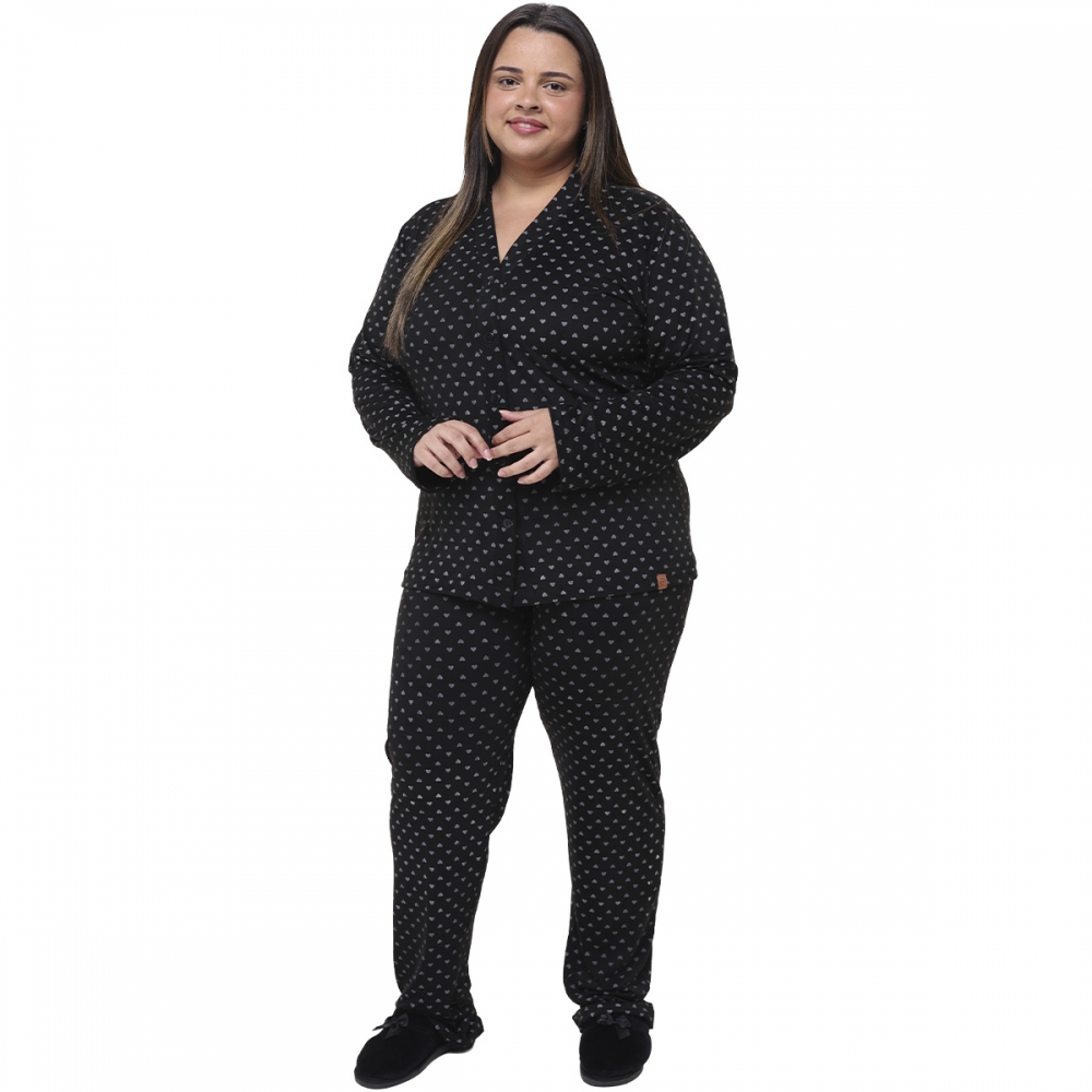 Pijama Feminino Plus Size Inverno Malha Aveludada Abotoado - Preto