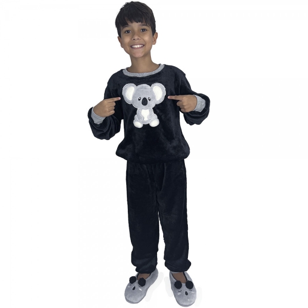 Pijama Puff Kids Pelúcia Fleece Coala Infantil Unisex - Preto