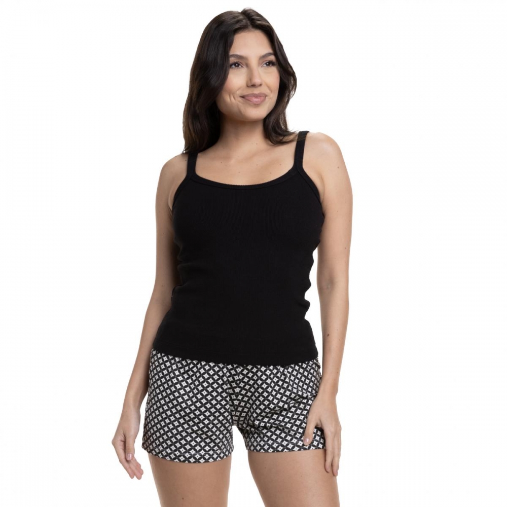 Short Doll de Alcinha em Ribana e Viscolycra Estampada - Preto