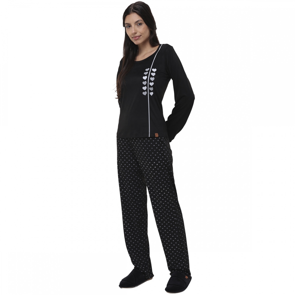 Conjunto Pijama Inverno Feminino Malha Aveludada Coração - Preto