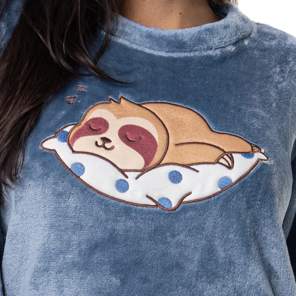 Pijama de Pelúcia com Bordado Preguiça - Índigo