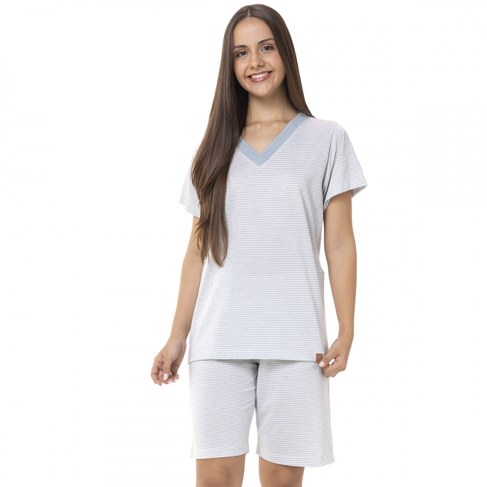 Pijama Bermudão Manga Curta Listrado - Azul