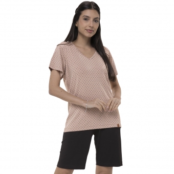 Pijama Curto Feminino Camiseta Poá e Bermuda Lisa Algodão