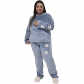 Pijama Inverno Fleece Peluciado com Bordado de Flores - PLUS - Índigo