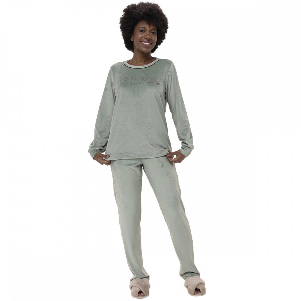 Pijama Feminino Plush Super Soft - Cachorrinhos - Verde