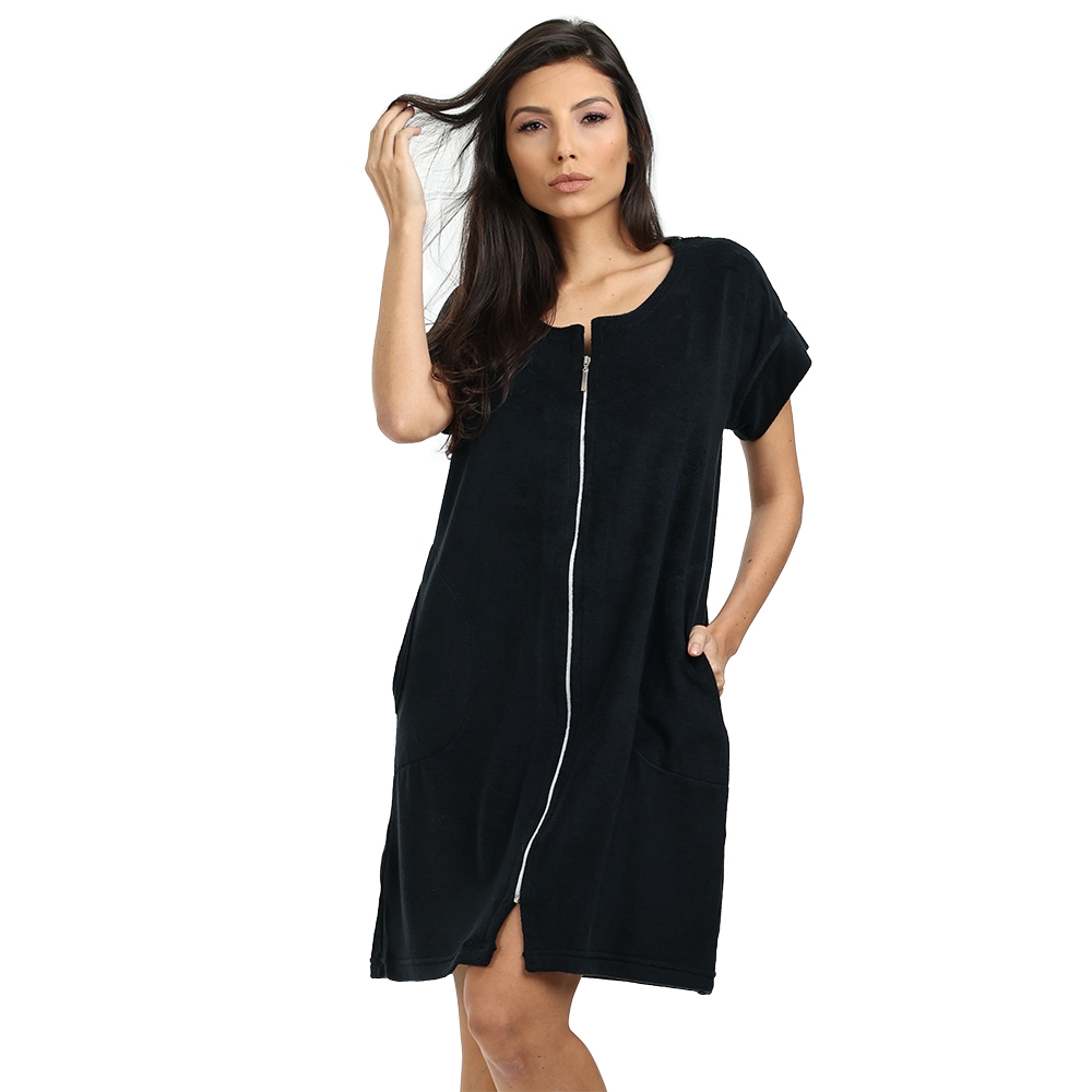 Roupão Feminino Adulto Atoalhado com Fechamento em Zíper - Preto