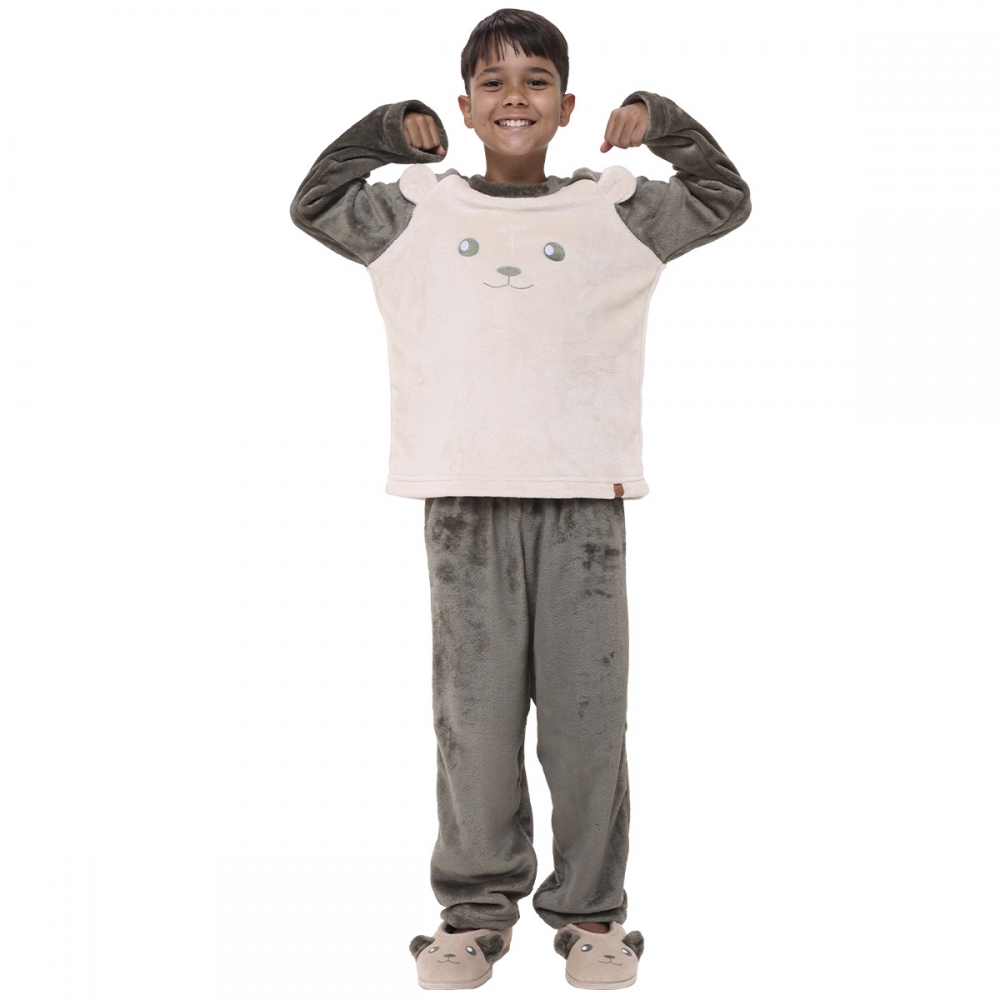 Pijama Infantil Inverno Fleece Bordado Urso - Verde
