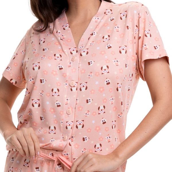 Short Doll Estampado de Manga com Botões em Modal Summer - Salmão