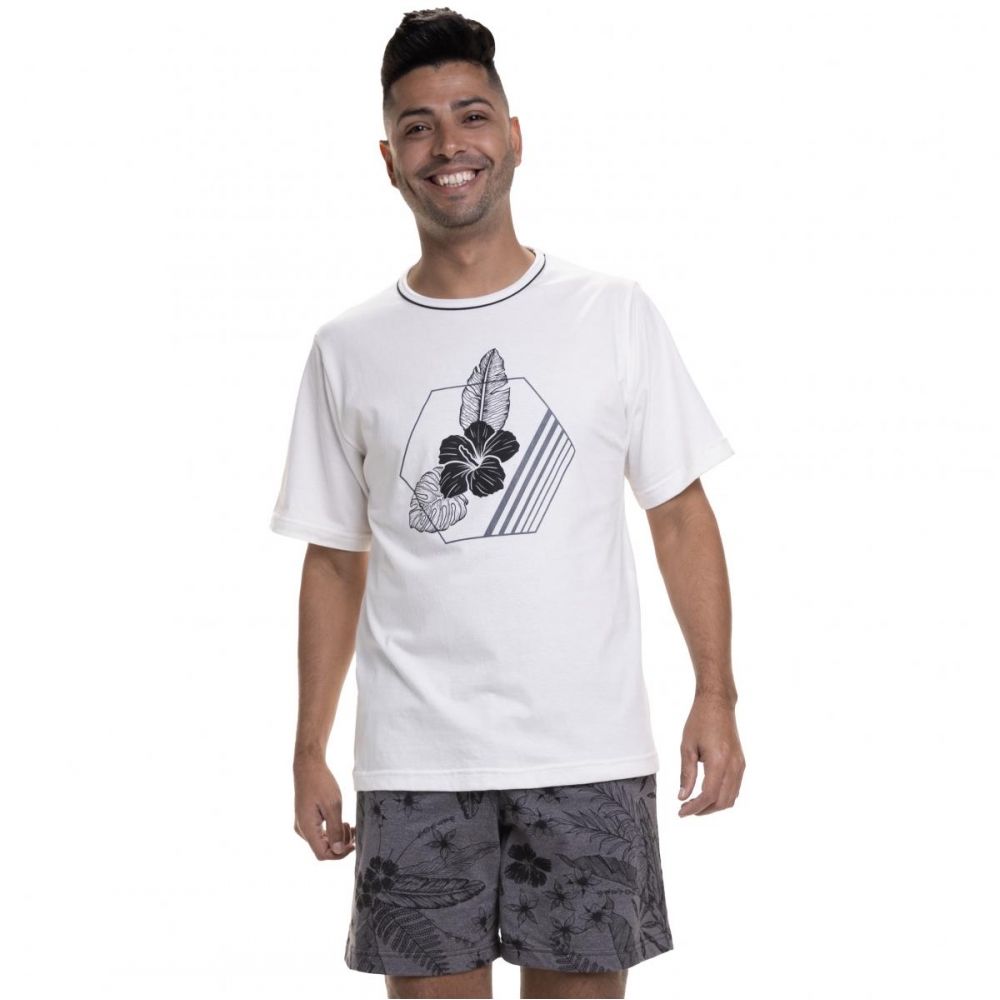 Pijama de Manga em Malha Masculino Floral - Chumbo