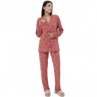 Pijama Abotoado Feminino Modal Longo Estampa Café