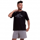 Pijama de Manga em Malha 100% Algodão Montanha com Jacquard Xadrez - Preto