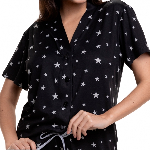 Short Doll Estampado de Manga com Botões em Modal Summer - Preto