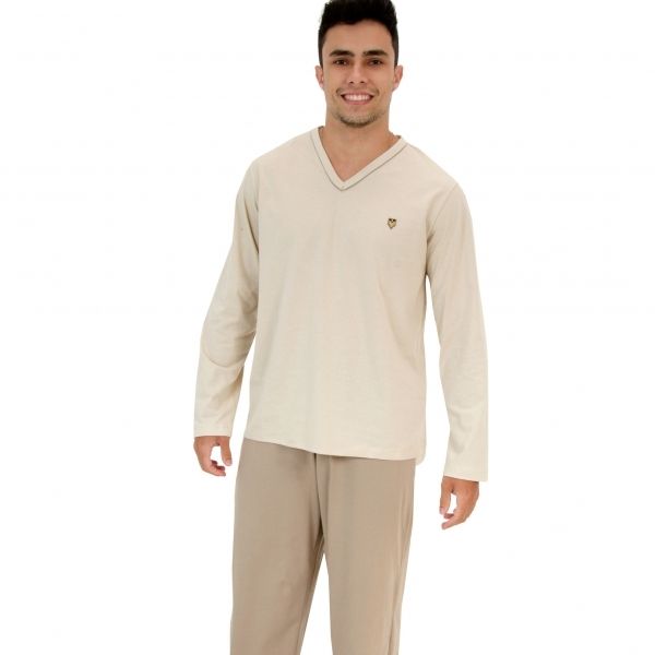Pijama Masculino Conjunto Calça e Blusa Manga Longa Malha Algodão - Puff - Caqui