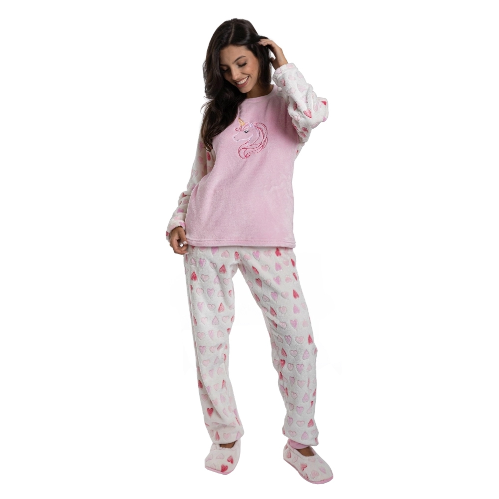 Pijama Pelucia Coração Com Plush Unicornio - Rosa