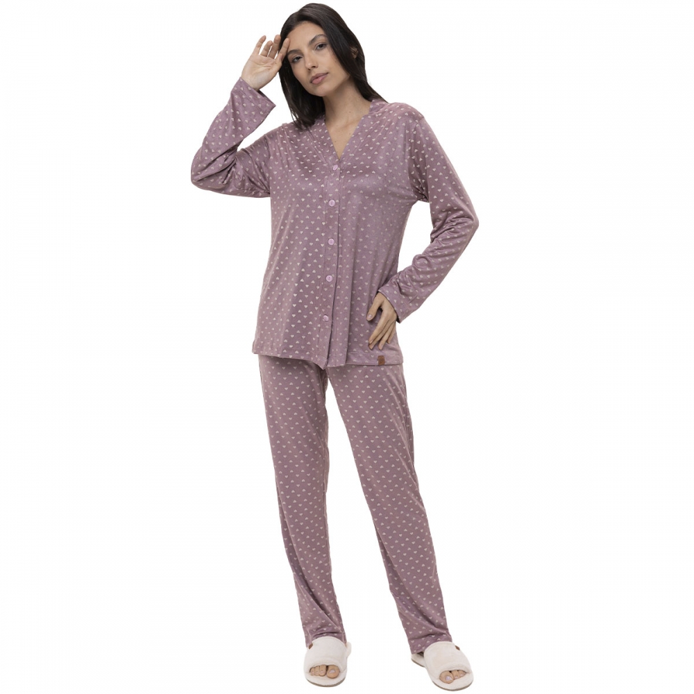 Pijama Feminino Inverno Malha Aveludada Abotoado Corações - Amora
