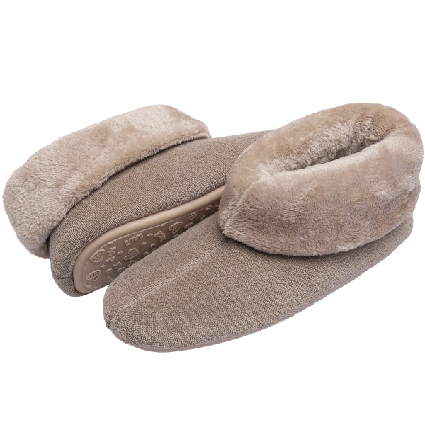 Pantufa Bota Feminina em Atoalhado com Pelúcia - Puff - Caqui